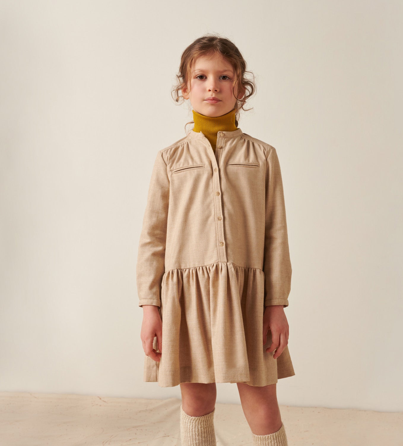 Girls Beige Logo Cotton Dress