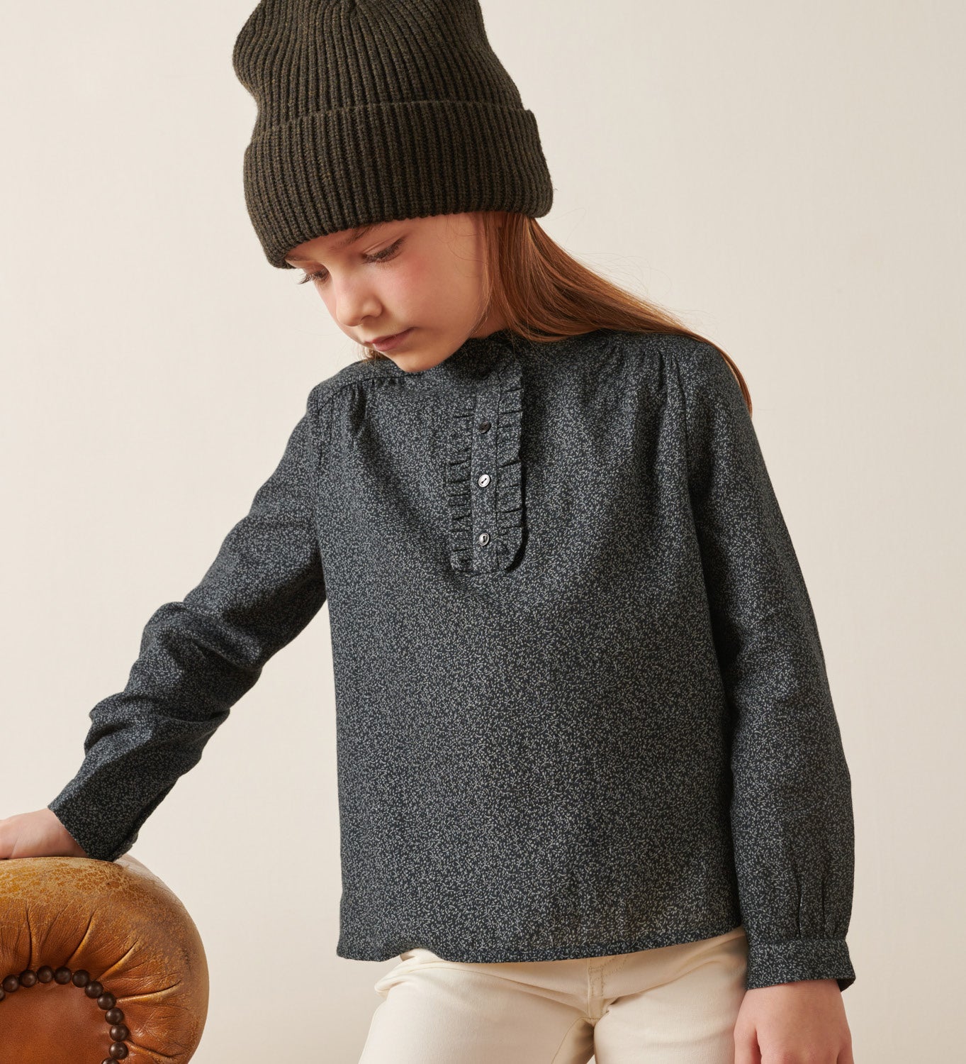 Girls Dark Grey Floral Cotton Shirt