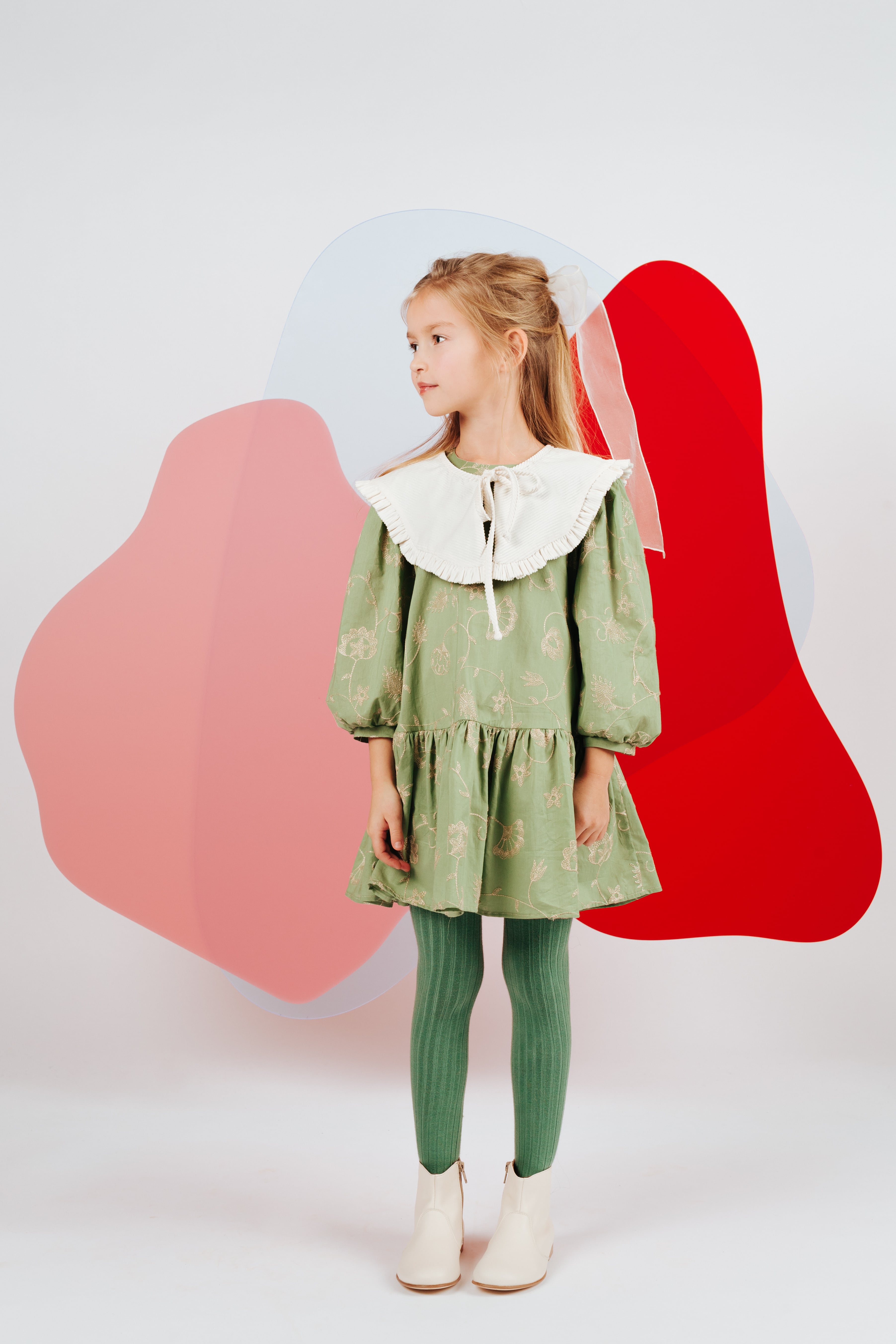 Girls Green Embroidered Cotton Dress