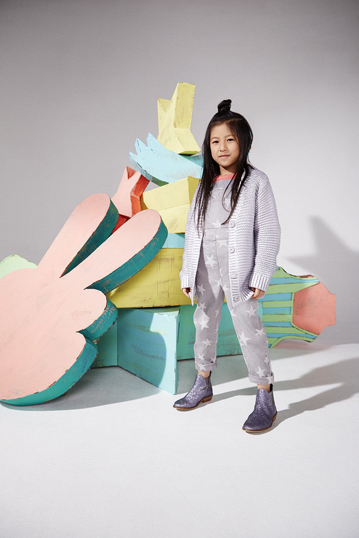 Girls Grey Star Printed Denim 'Rudy' Dungarees - CÉMAROSE | Children's Fashion Store - 1