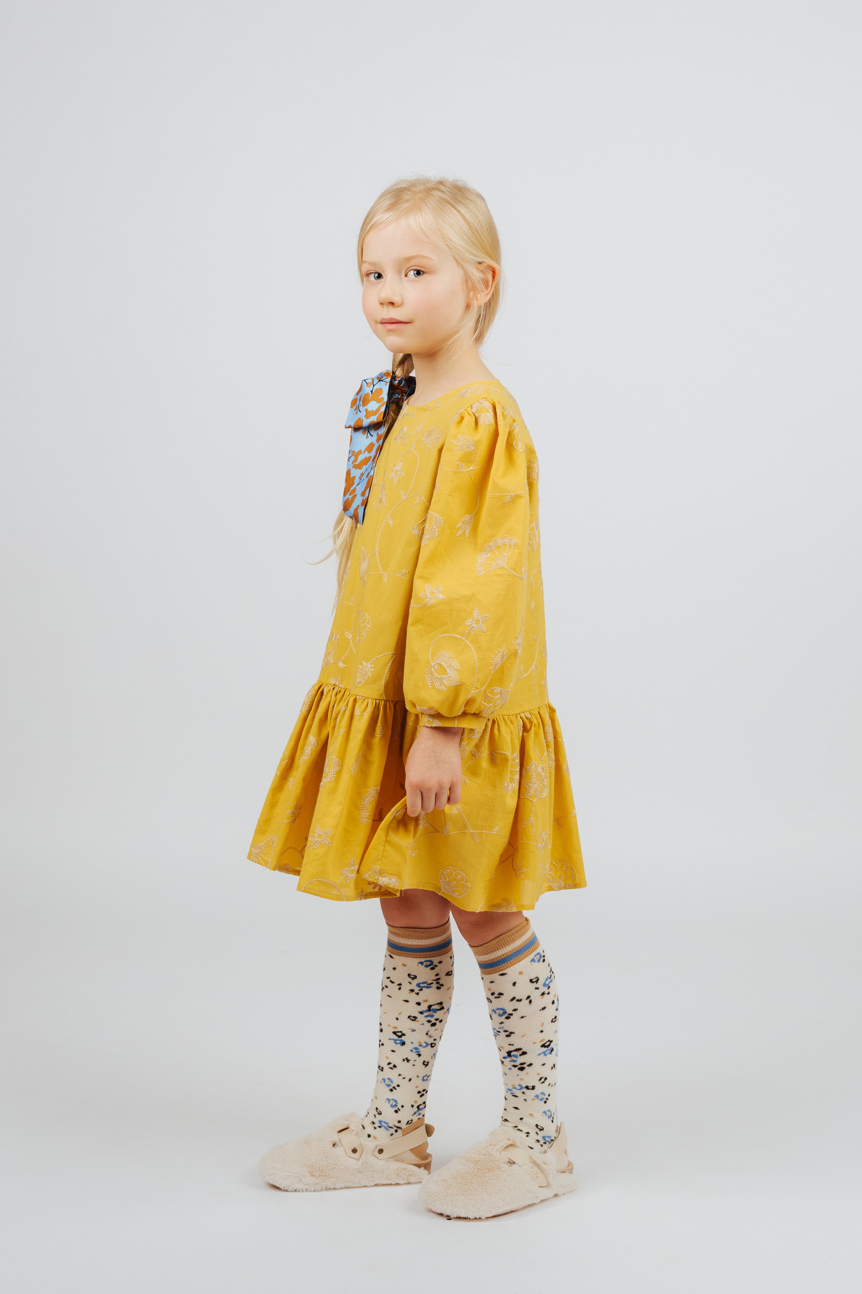 Girls Yellow Embroidered Cotton Dress