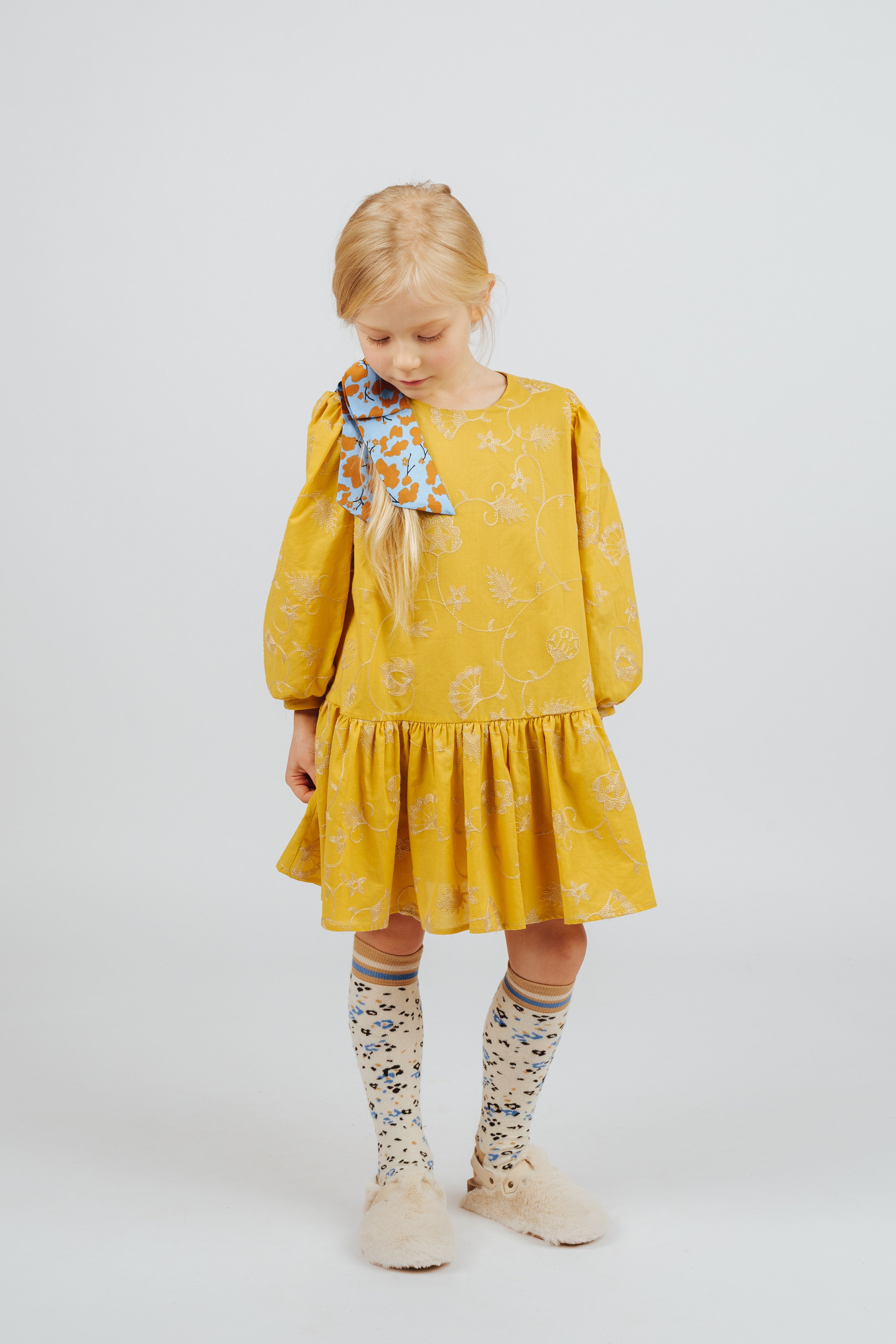 Girls Yellow Embroidered Cotton Dress