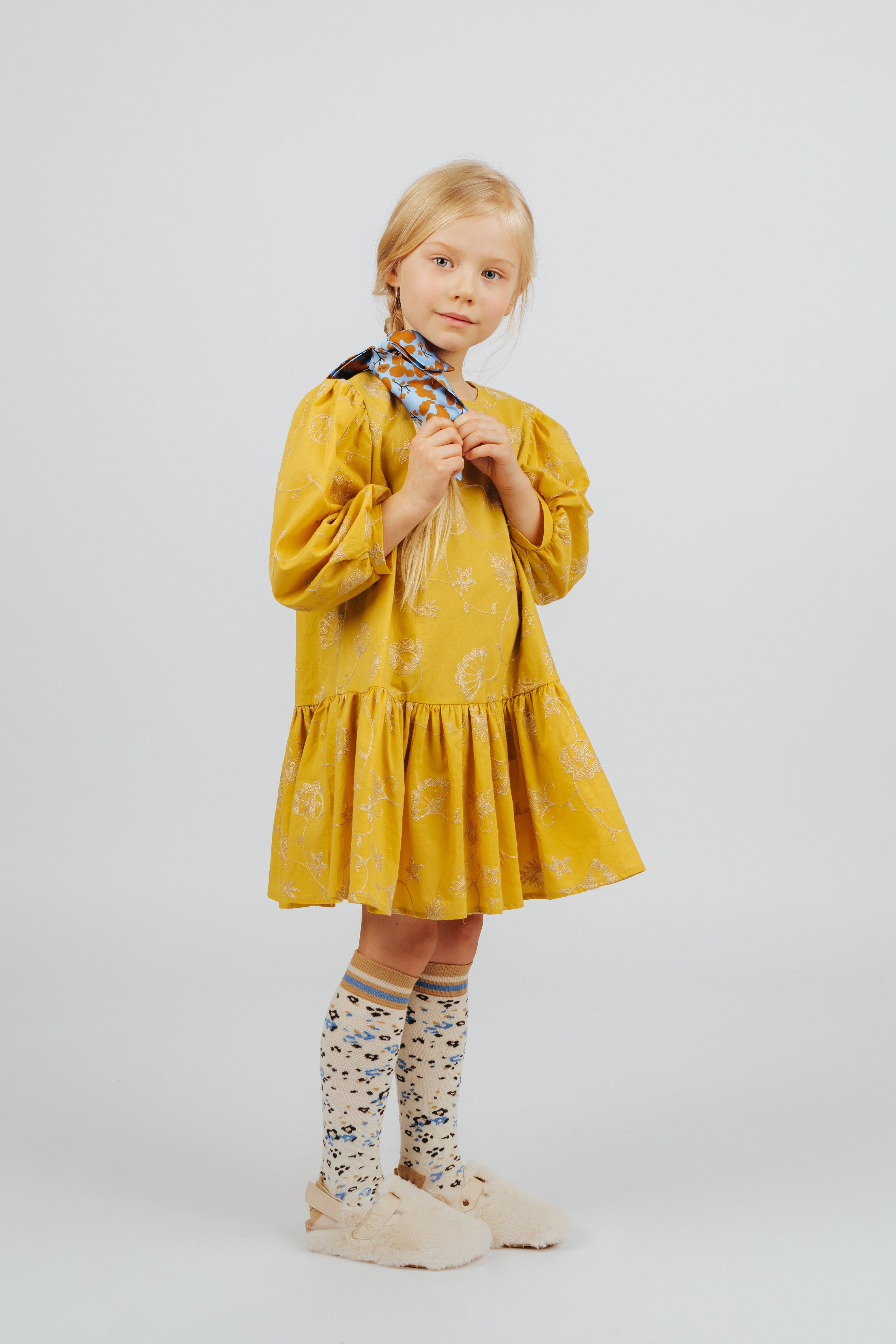 Girls Yellow Embroidered Cotton Dress