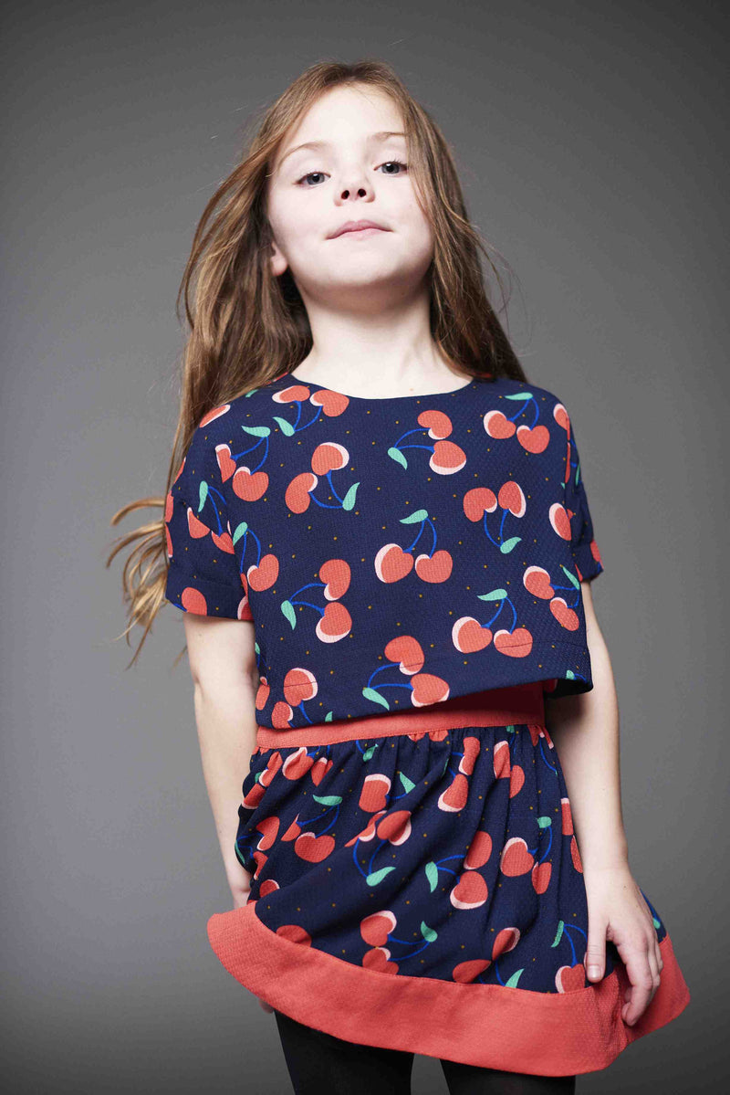 Girls Navy Blue Cherry Printed Trims Dress - CÉMAROSE | Children's Fashion Store - 2