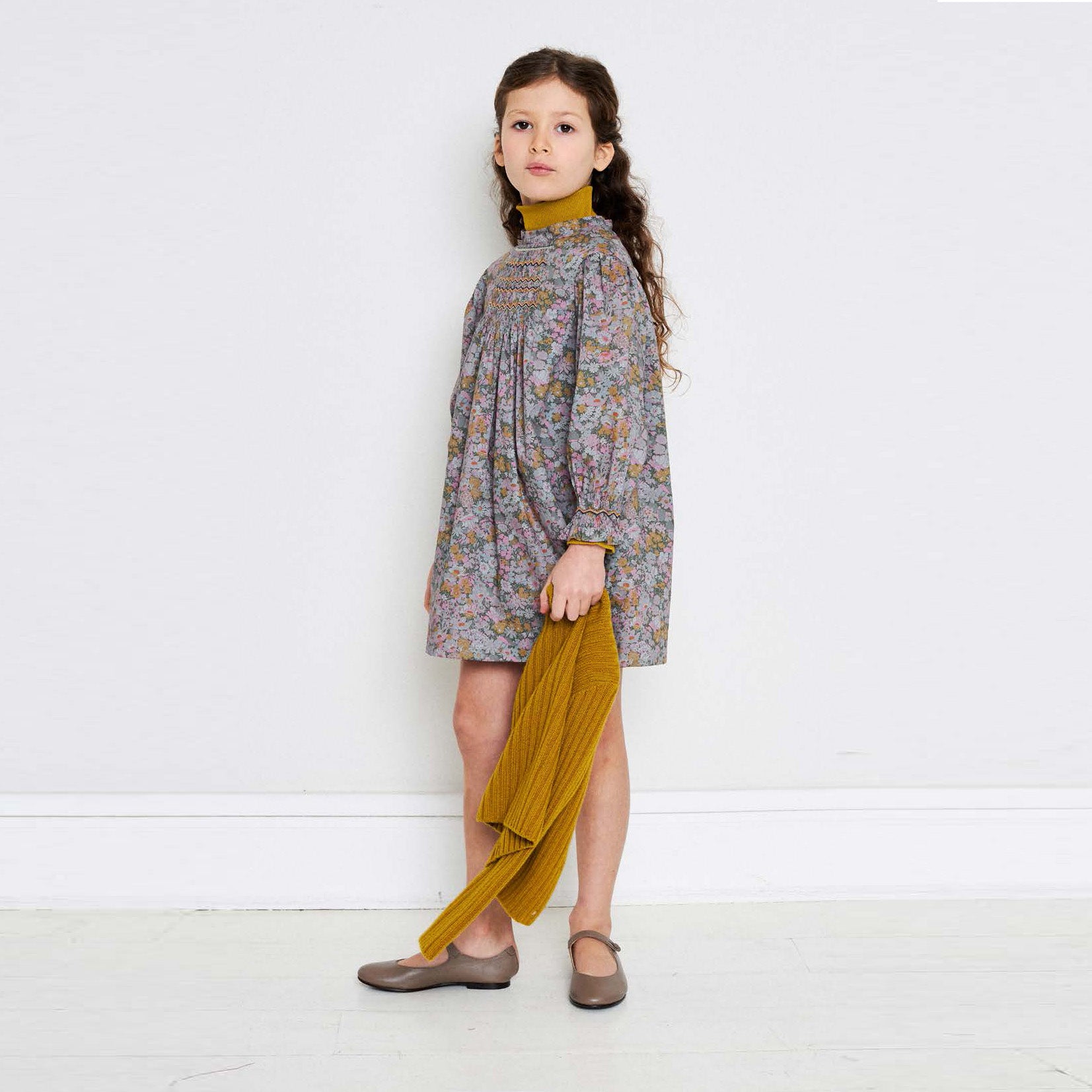 Girls Green-Grey Floral Dress