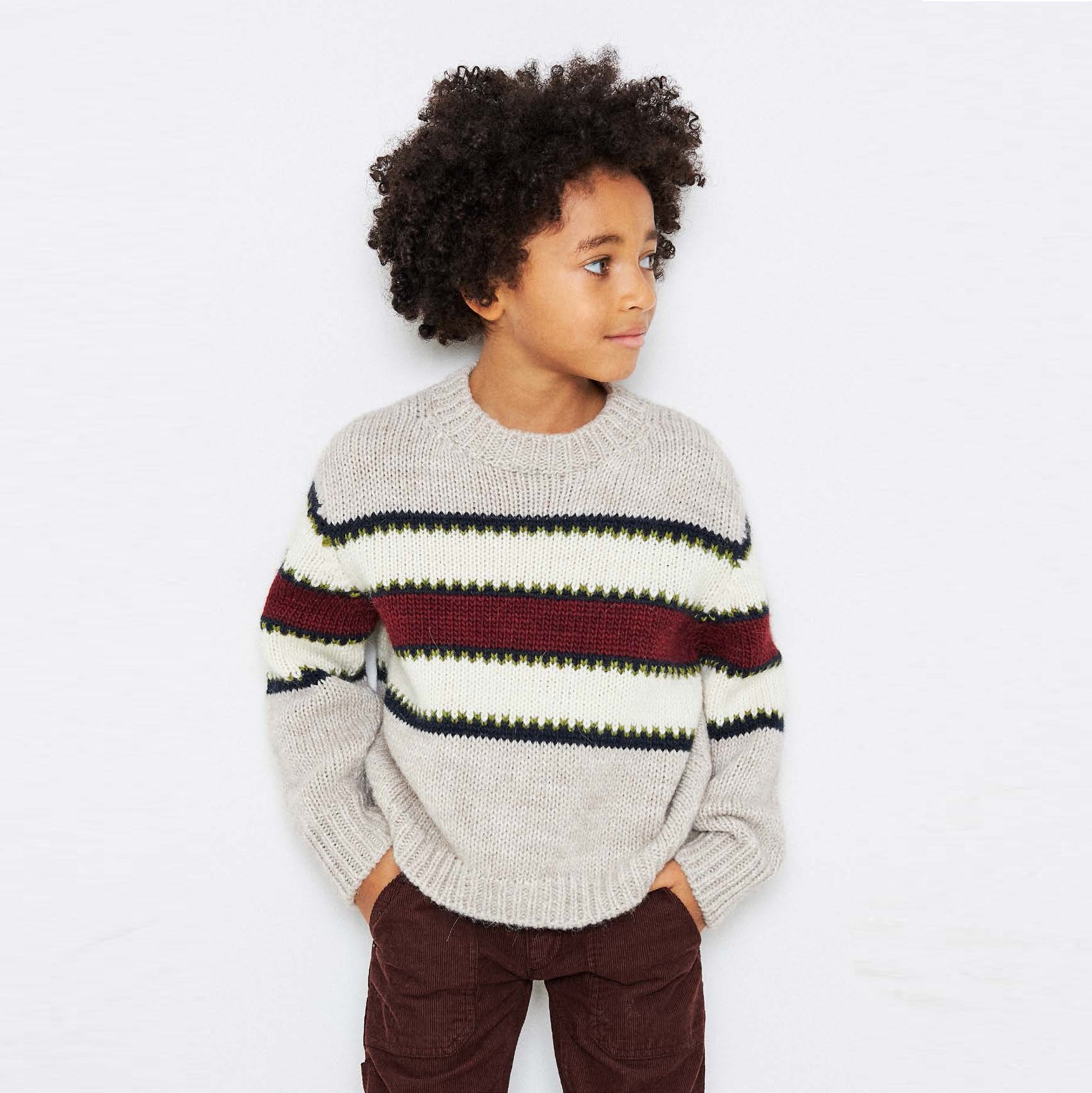 Boys Beige Stripes Wool Sweater