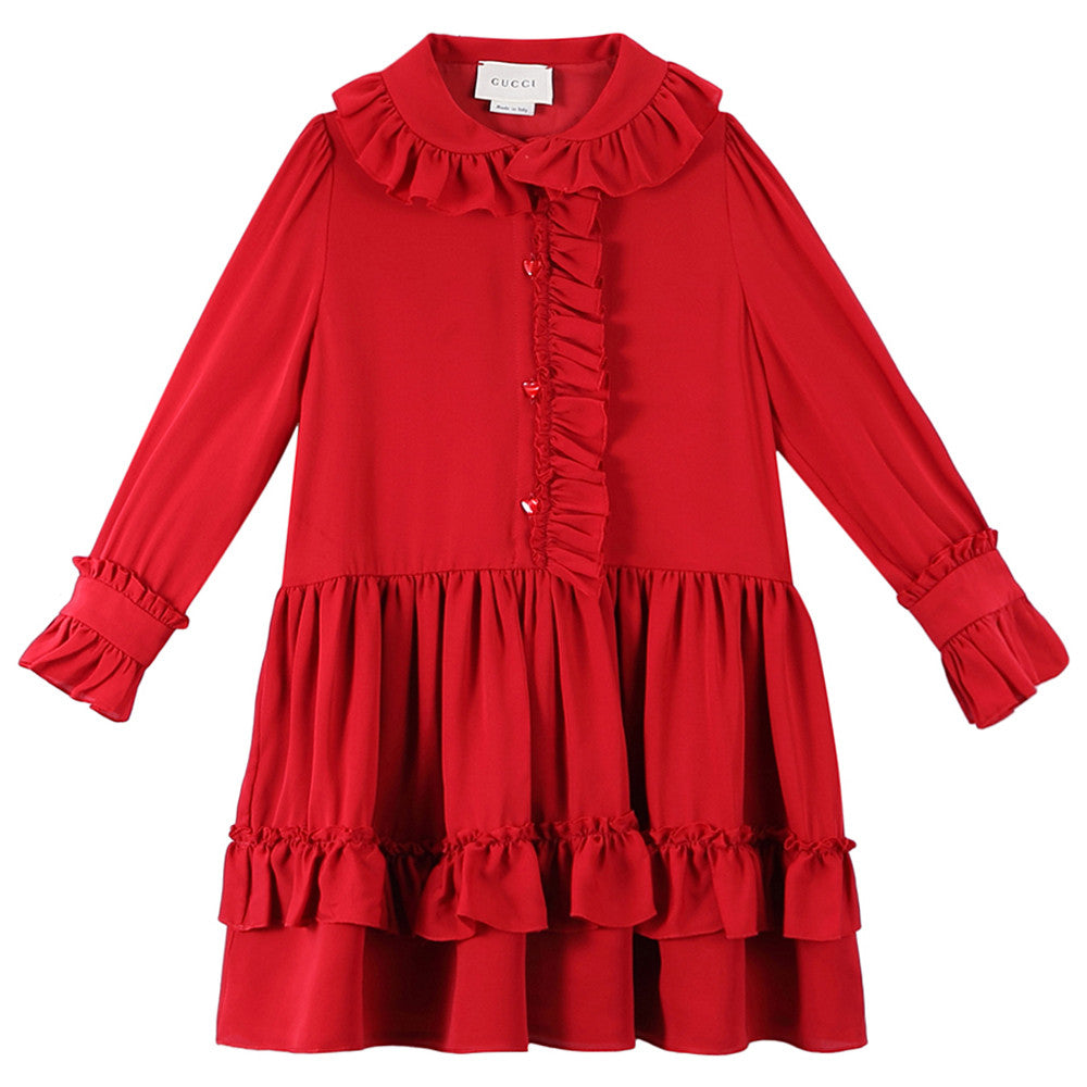 Girl Vulcanic Red Frilled Trims Silk Dress - CÉMAROSE | Children's Fashion Store - 1