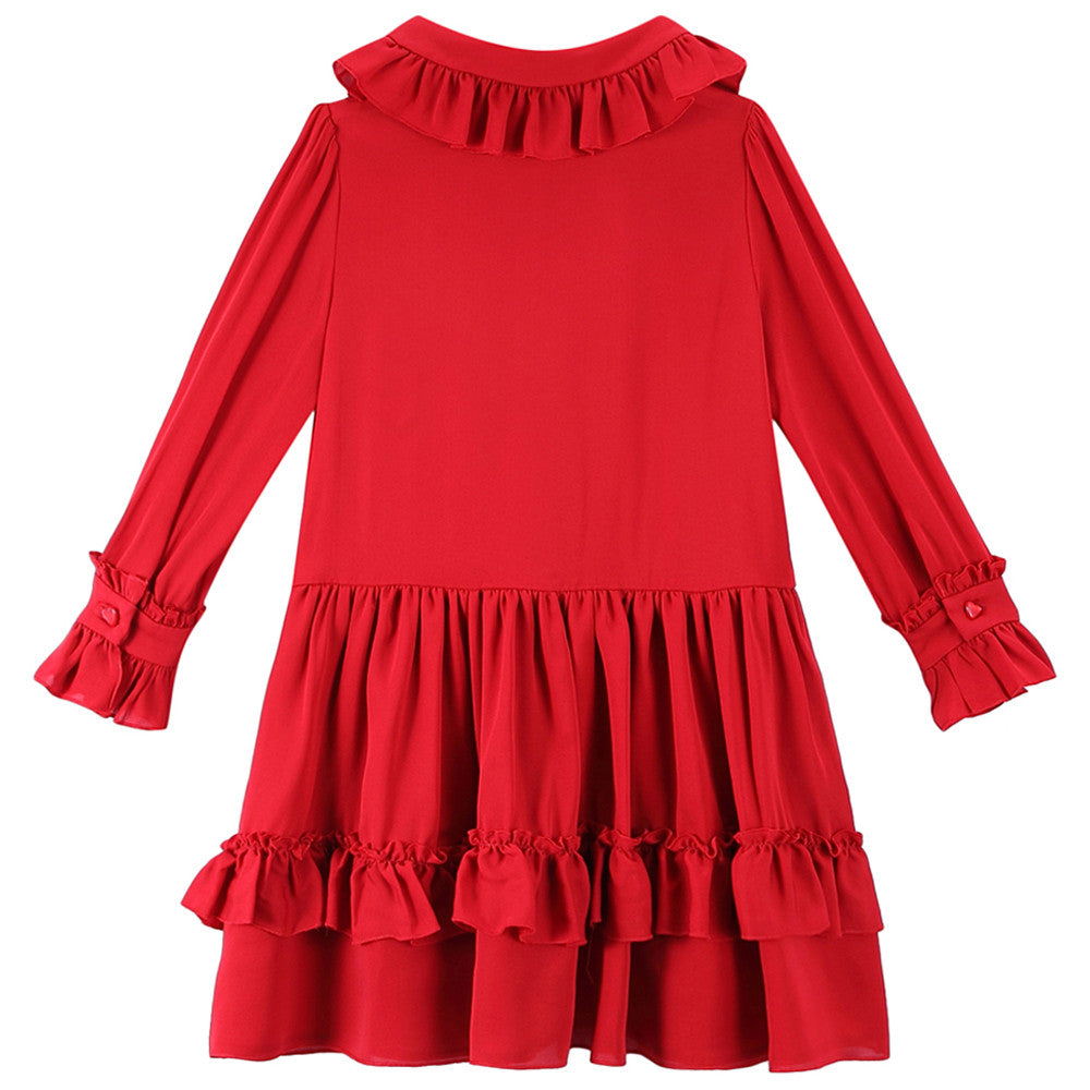 Girl Vulcanic Red Frilled Trims Silk Dress - CÉMAROSE | Children's Fashion Store - 2