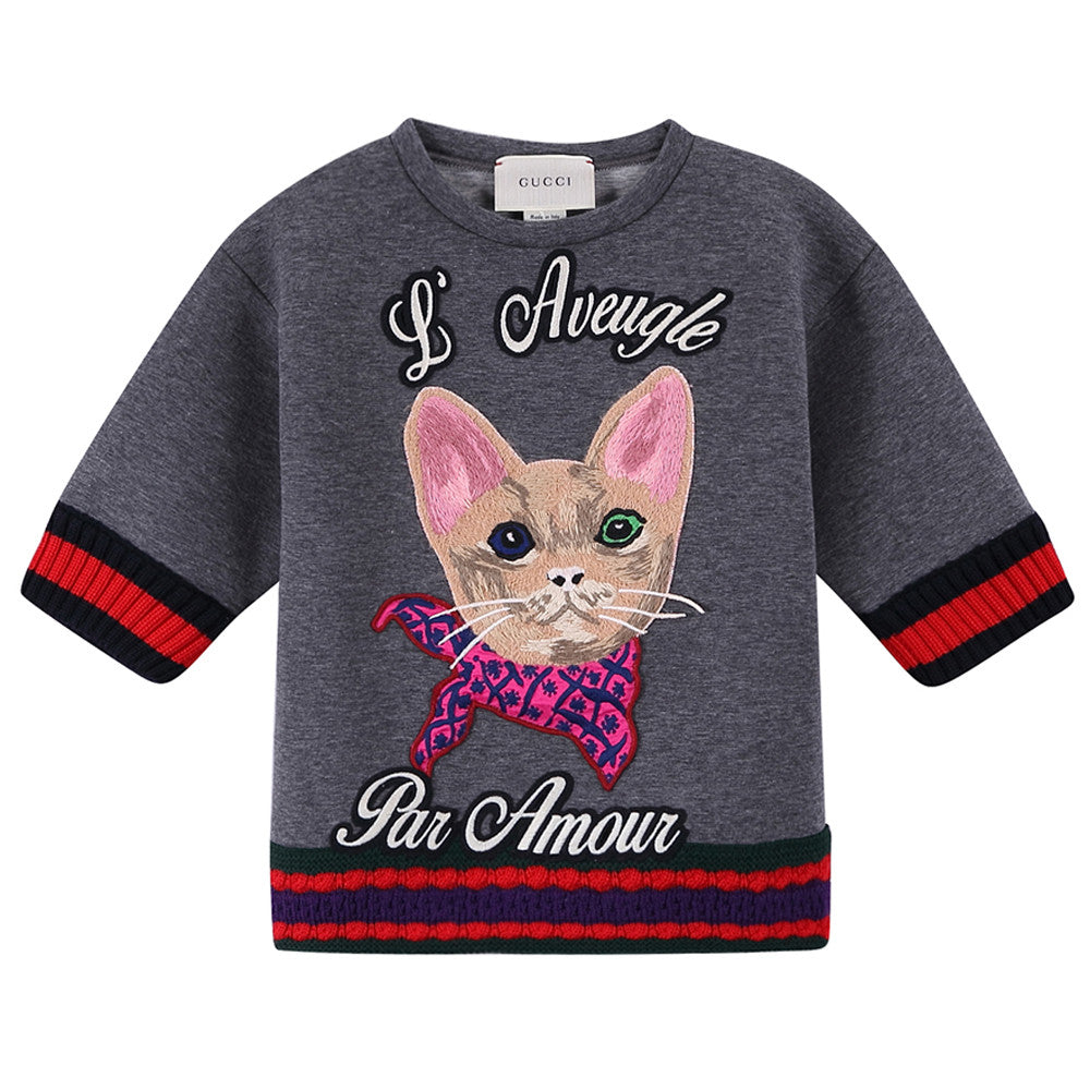 Girls Dark Grey Cat Face Printed Knitted Cuffs Sweatshirt - CÉMAROSE | Children's Fashion Store - 1