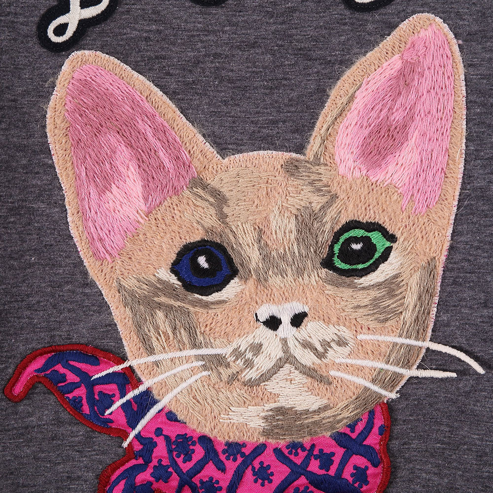 Girls Dark Grey Cat Face Printed Knitted Cuffs Sweatshirt - CÉMAROSE | Children's Fashion Store - 4