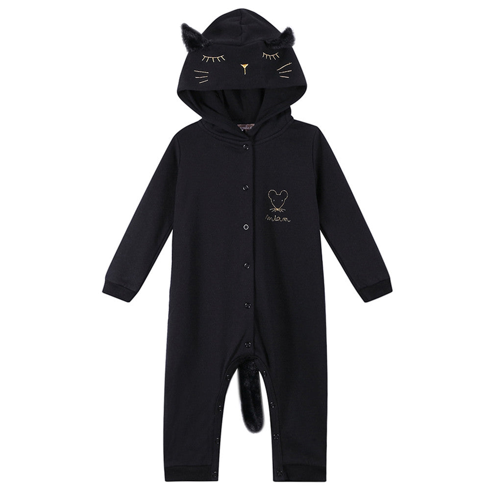 Girls Black Cat Hooded Cotton Babygrow - CÉMAROSE | Children's Fashion Store - 1
