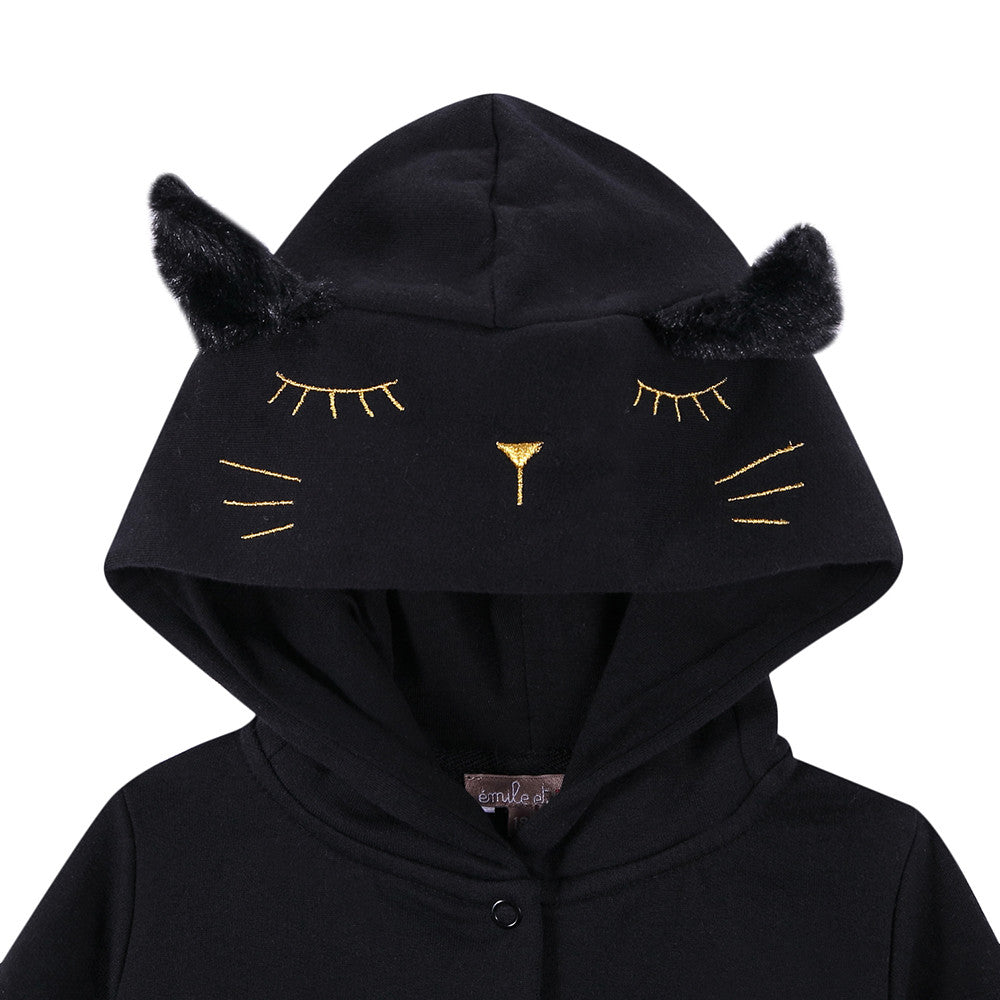 Girls Black Cat Hooded Cotton Babygrow - CÉMAROSE | Children's Fashion Store - 3