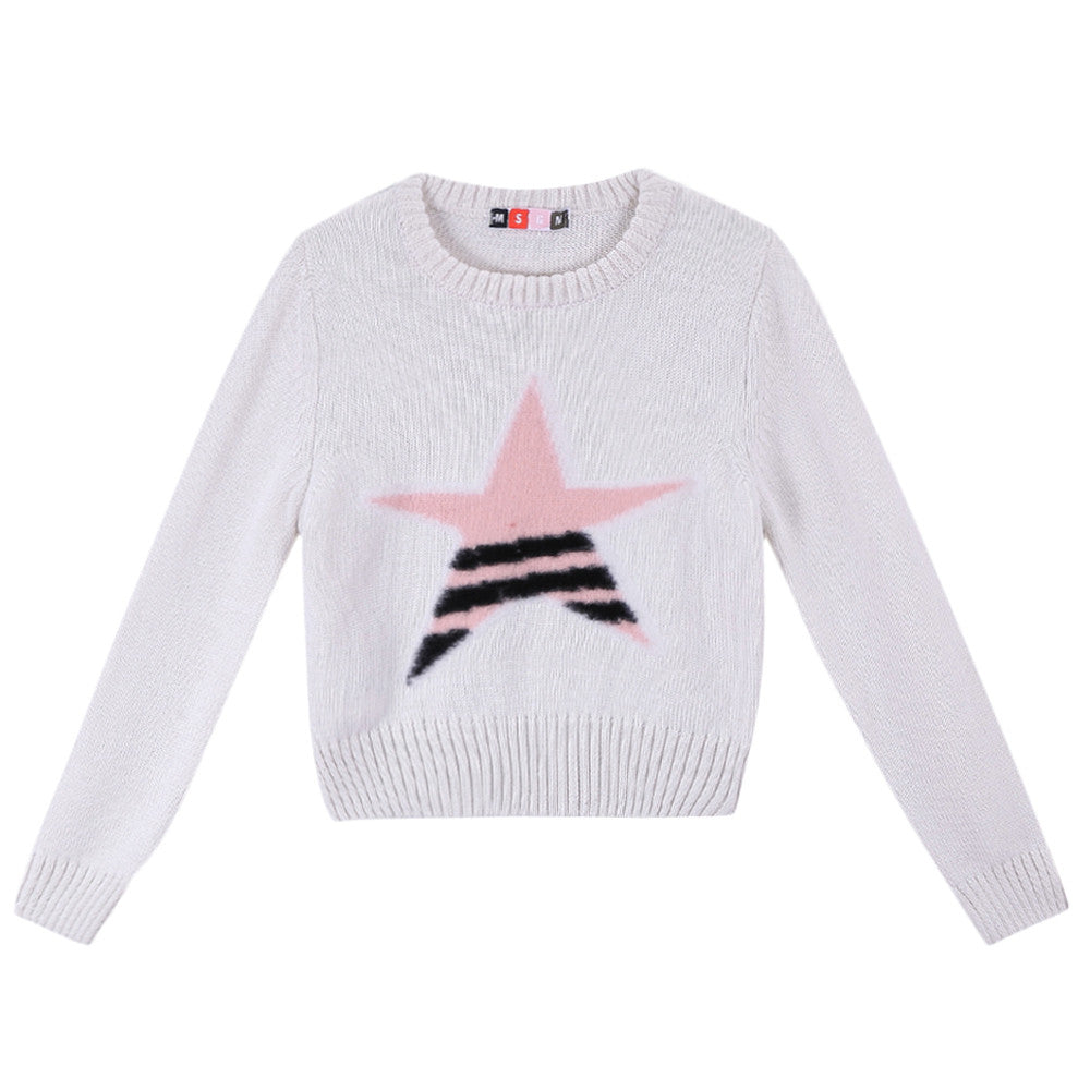 Girls White Knitted Sweater With Black Star Trims - CÉMAROSE | Children's Fashion Store - 1