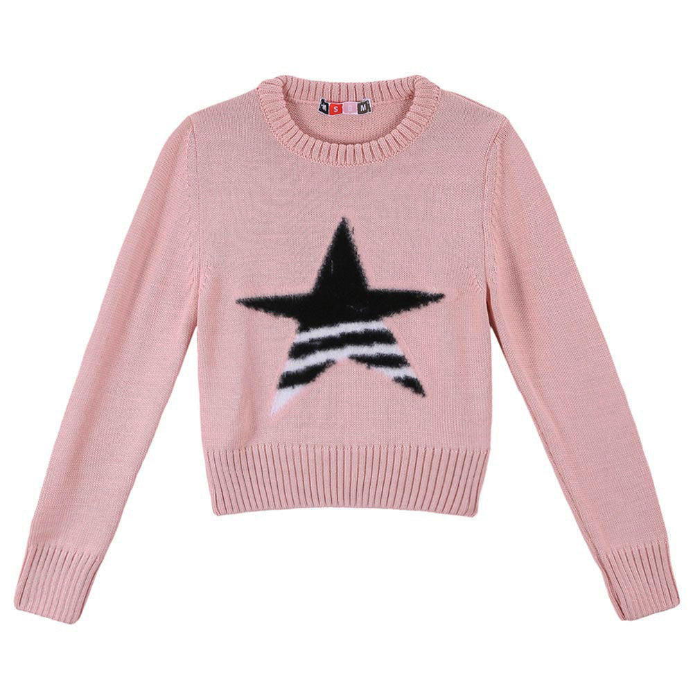 Girls Pink Knitted Sweater With Black Star Trims - CÉMAROSE | Children's Fashion Store - 1