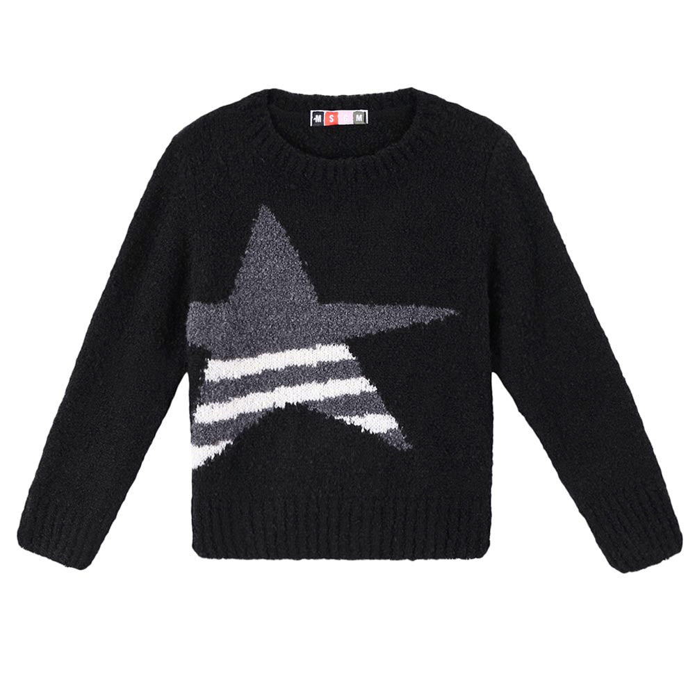Boys Black Knitted Sweater With Striped Star Trims - CÉMAROSE | Children's Fashion Store - 1