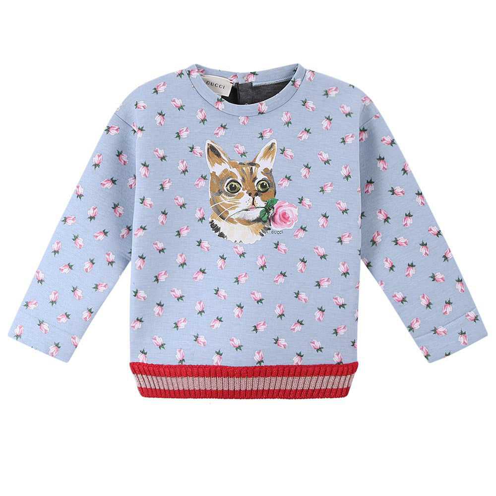 Baby Girls Pale Blue Allover Flower Printed Sweatshirt - CÉMAROSE | Children's Fashion Store - 1