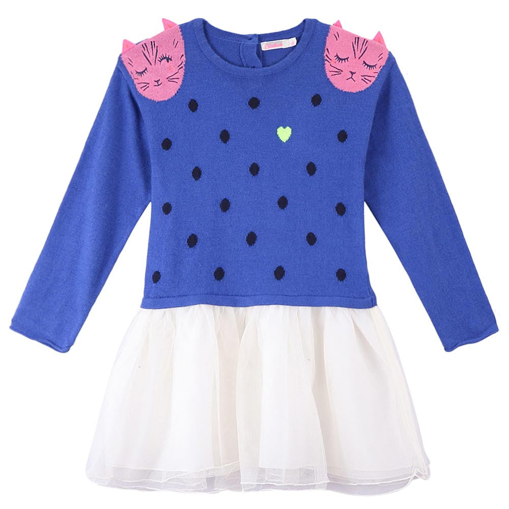 Girls Blue & White Tulle Jersey Dress - CÉMAROSE | Children's Fashion Store - 1