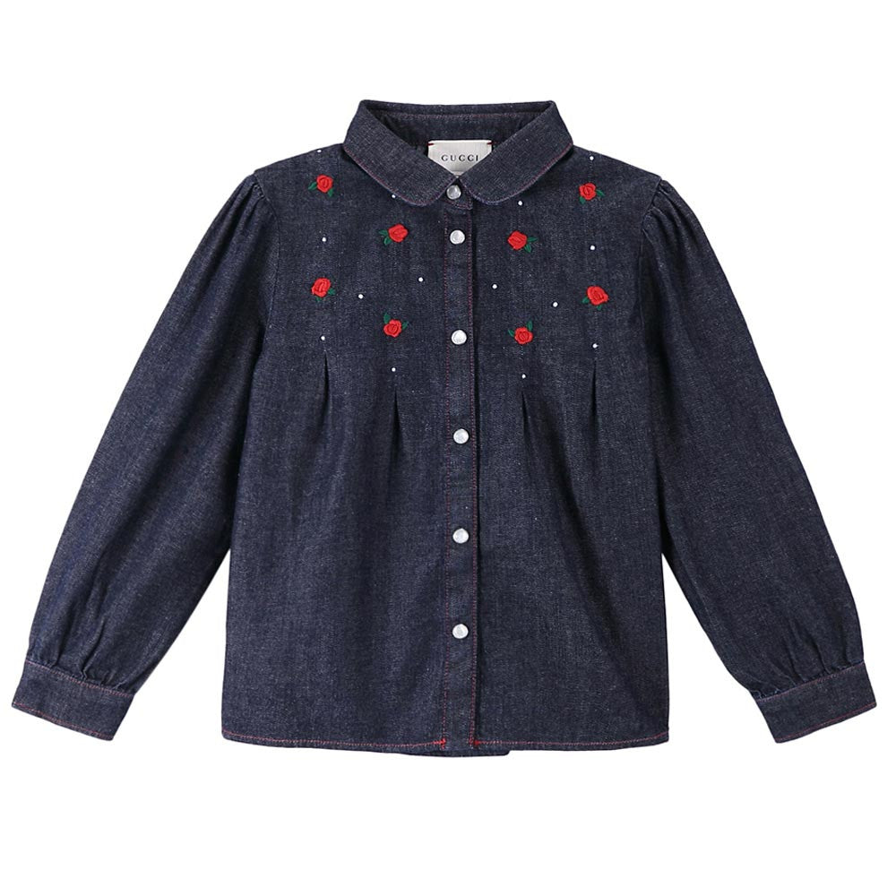 Baby Girls Blue Denim Shirt With Red Embroidered Flower Trims - CÉMAROSE | Children's Fashion Store - 1