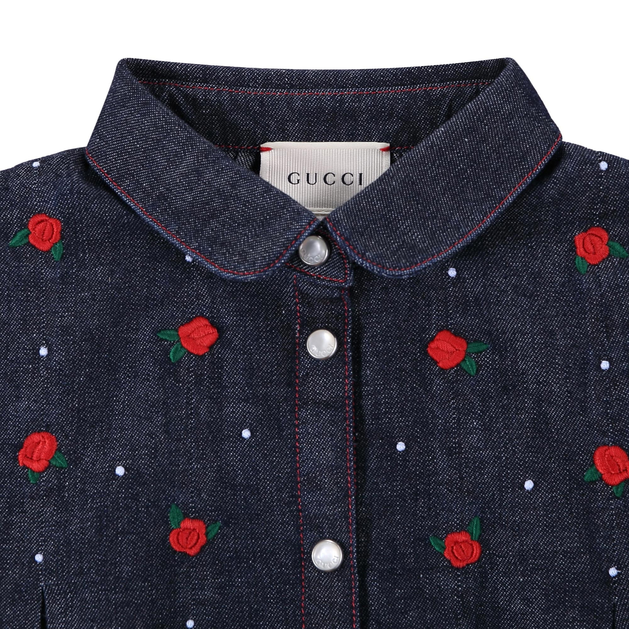 Baby Girls Blue Denim Shirt With Red Embroidered Flower Trims - CÉMAROSE | Children's Fashion Store - 3