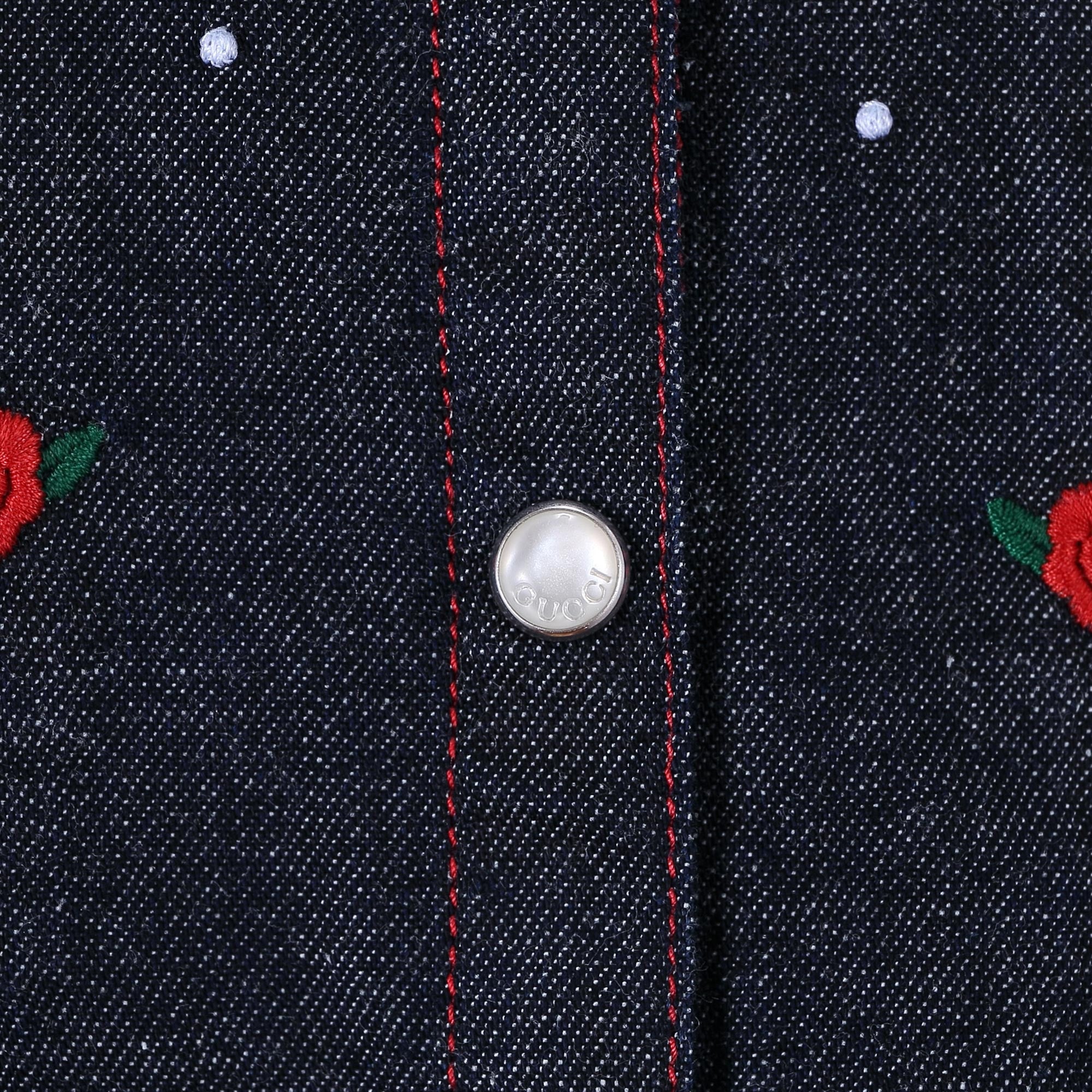 Baby Girls Blue Denim Shirt With Red Embroidered Flower Trims - CÉMAROSE | Children's Fashion Store - 4