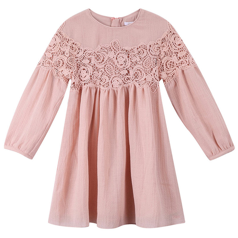 Girls Pink Lace Trims Rib Cuffs Dress - CÉMAROSE | Children's Fashion Store - 1