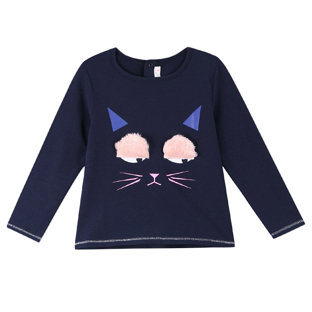 Baby Girls Dark Blue Cat Face Trims Cotton T-Shirt - CÉMAROSE | Children's Fashion Store - 1