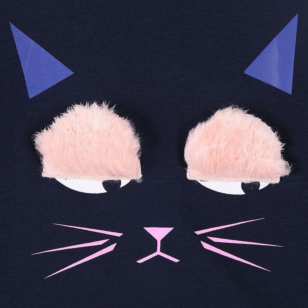 Baby Girls Dark Blue Cat Face Trims Cotton T-Shirt - CÉMAROSE | Children's Fashion Store - 3