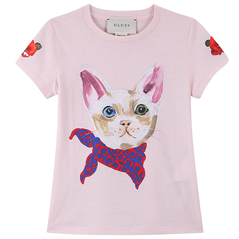 Girls Pink Cotton T-Shirt With Colorful Cat Print Trims - CÉMAROSE | Children's Fashion Store - 1