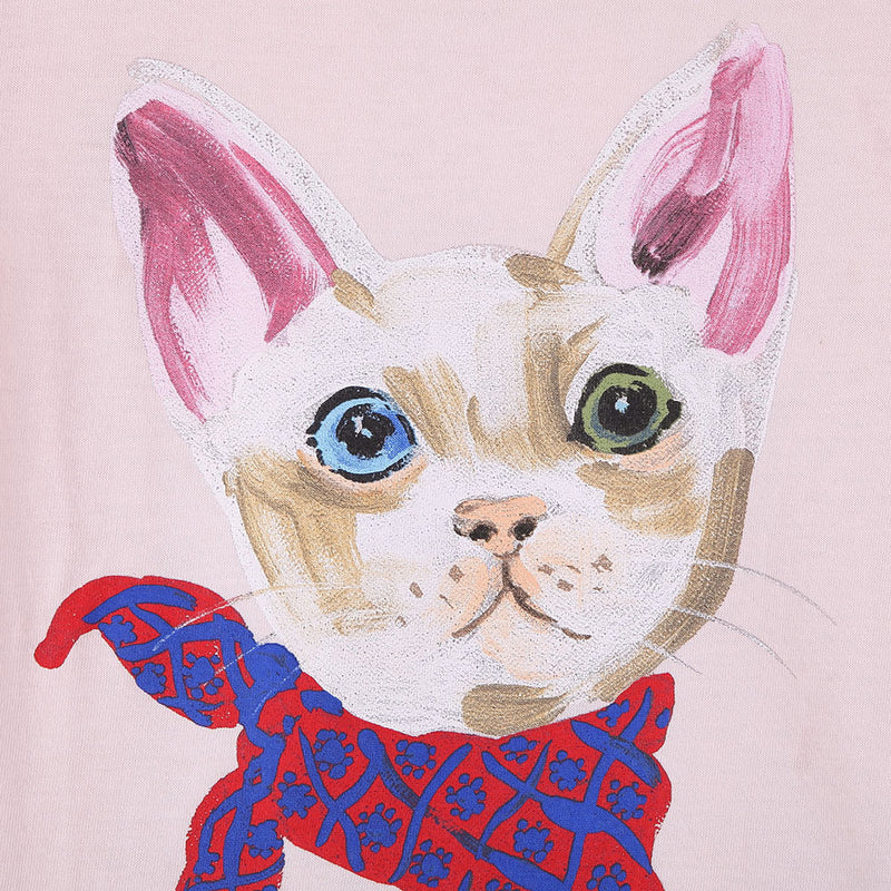 Girls Pink Cotton T-Shirt With Colorful Cat Print Trims - CÉMAROSE | Children's Fashion Store - 4