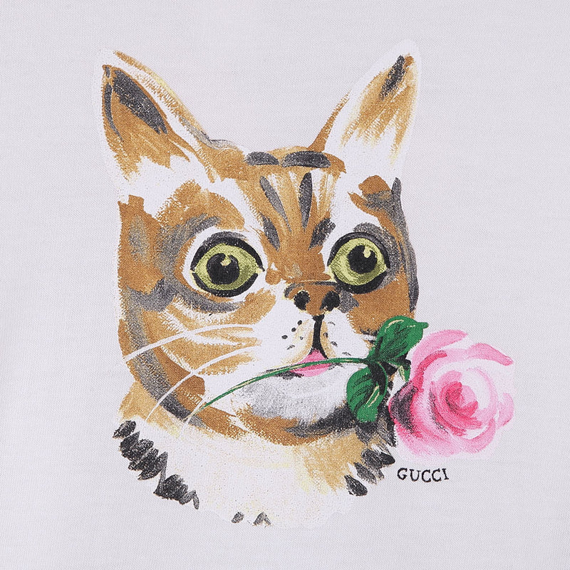 Baby Girls White Cat & Flower Printed Cotton T-Shirt - CÉMAROSE | Children's Fashion Store - 4