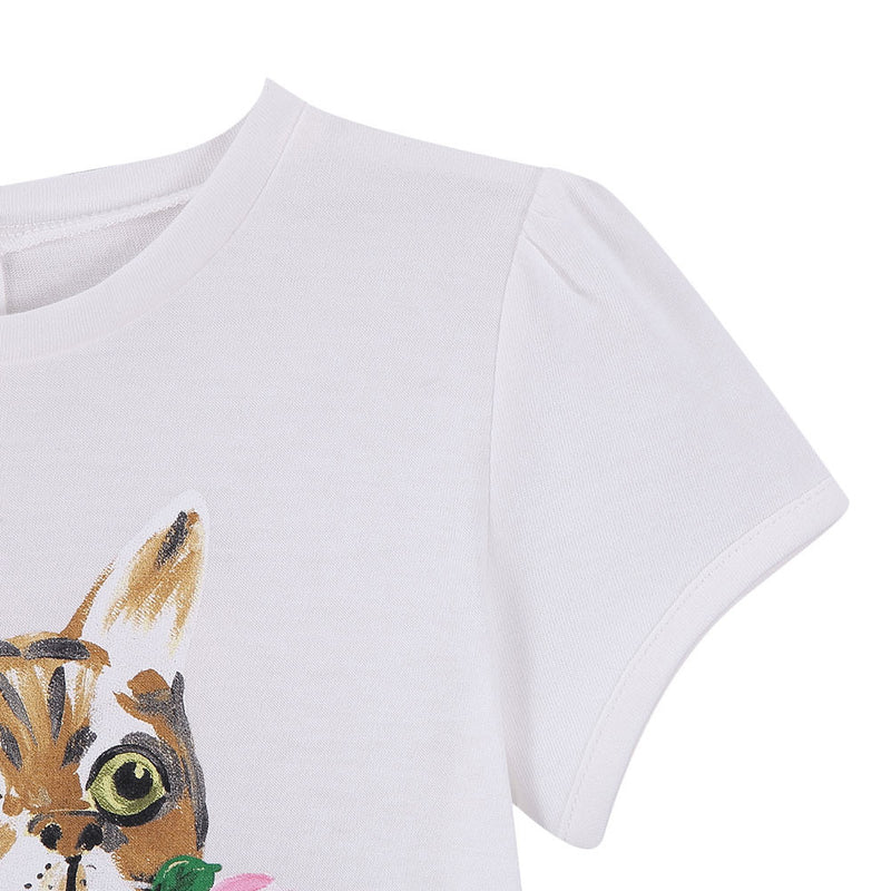 Baby Girls White Cat & Flower Printed Cotton T-Shirt - CÉMAROSE | Children's Fashion Store - 5