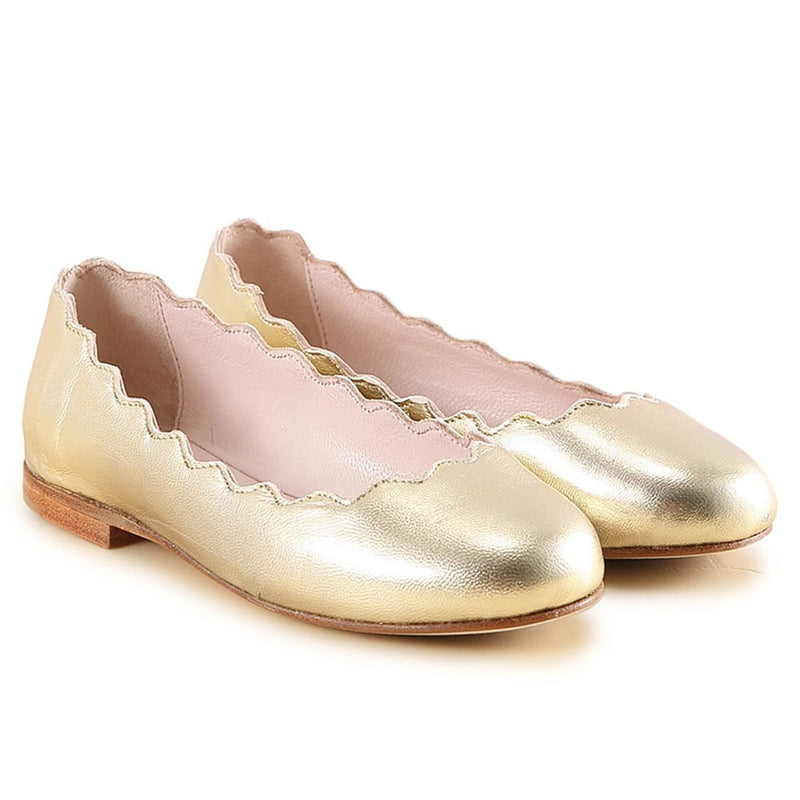 Girls Gold Curved Edge Leather Shoes - CÉMAROSE | Children's Fashion Store - 1
