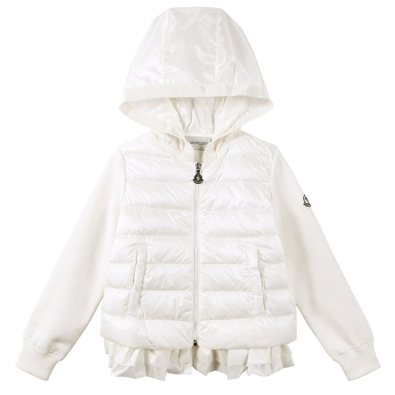 Girls White Down Padded Hooded Jackets With Ruffled Hem - CÉMAROSE | Children's Fashion Store - 1