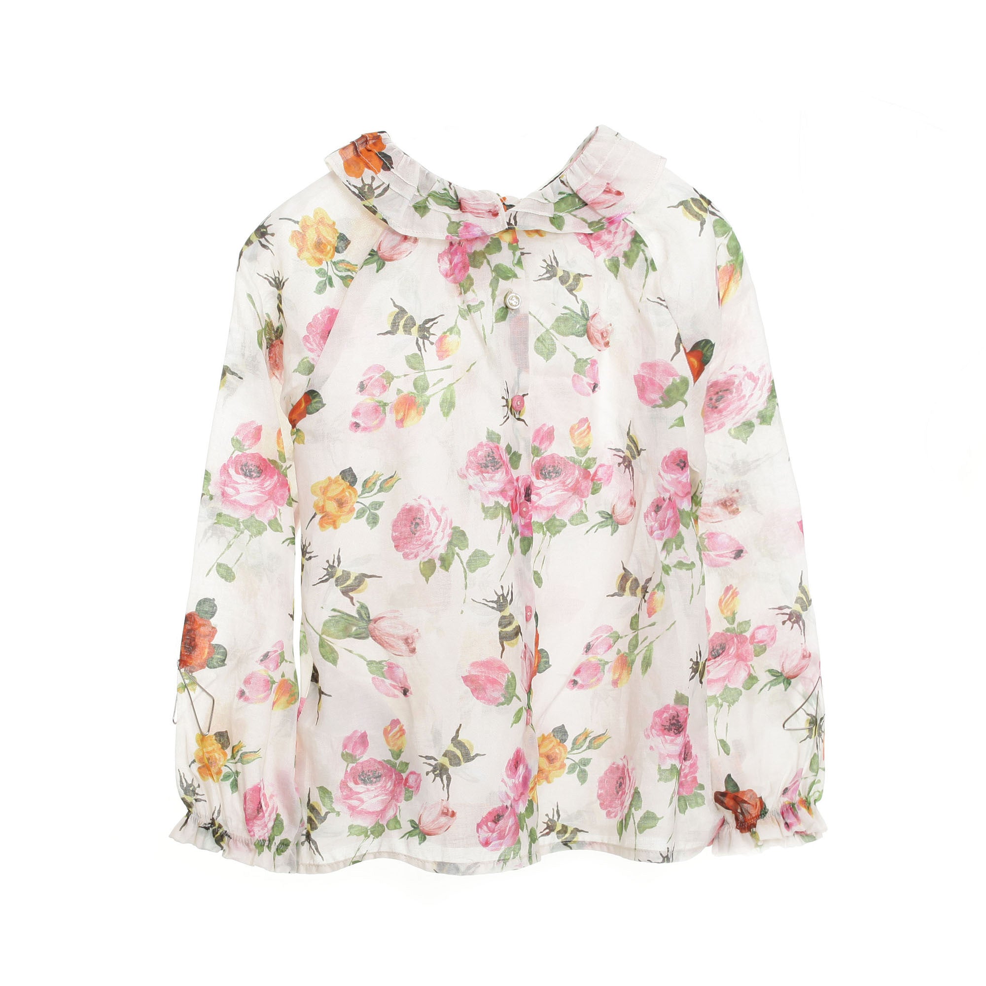 Baby Girls Ivory Ruffled Collar Blouse With Flower Print Trims - CÉMAROSE | Children's Fashion Store - 1