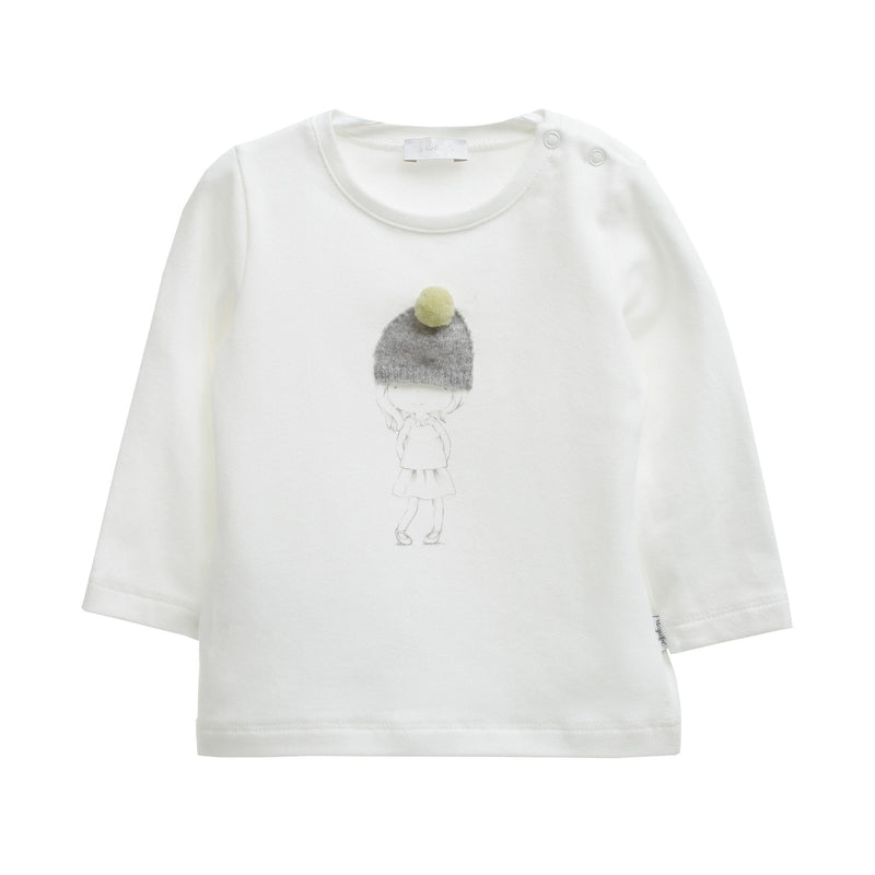 Baby Girls Milk White Cotton T-Shirt With Apple Green Pom-pom - CÉMAROSE | Children's Fashion Store - 1