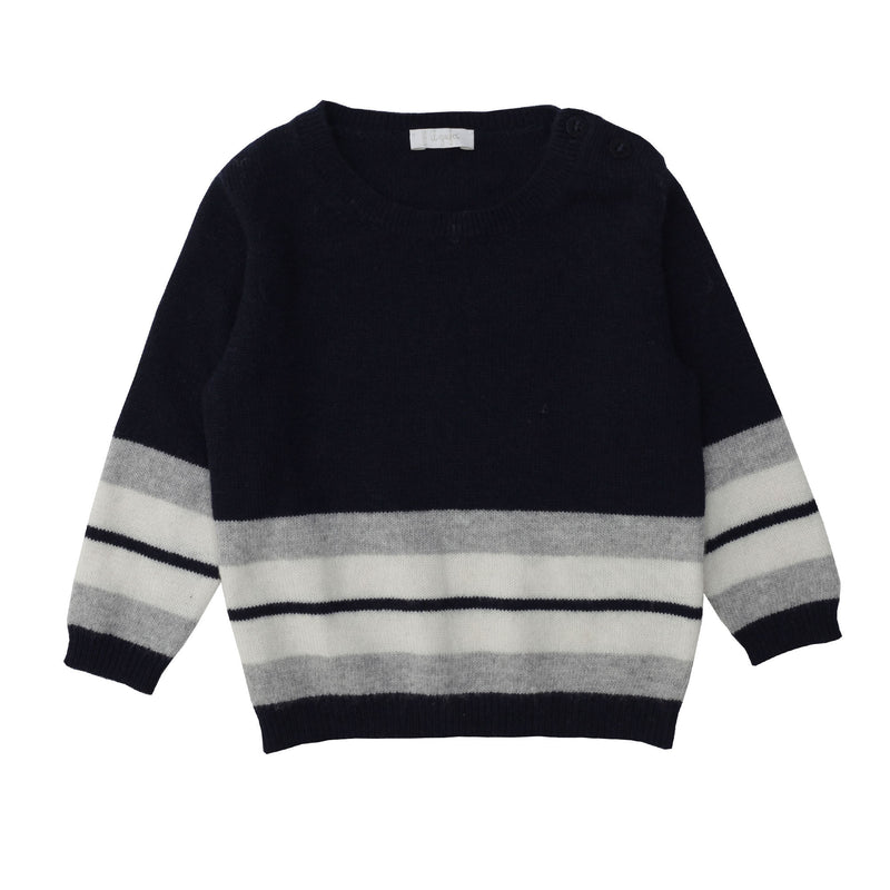 Boys Navy Blue Wool Sweater With Cloud Grey Stripe - CÉMAROSE | Children's Fashion Store - 2
