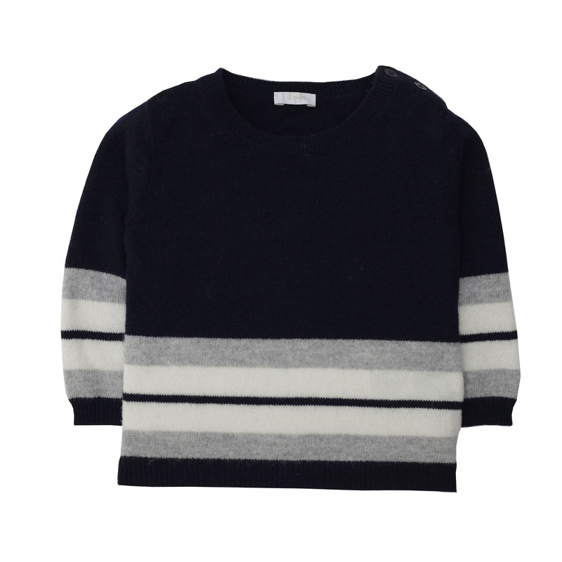 Boys Navy Blue Wool Sweater With Cloud Grey Stripe - CÉMAROSE | Children's Fashion Store - 1