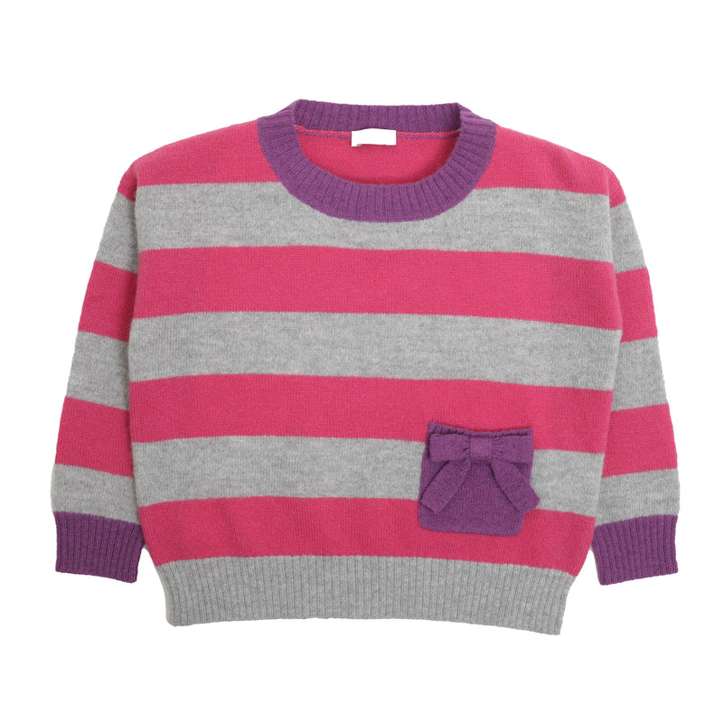 Girls Grey & Pink Striped Wool Sweater With Bow Pocket - CÉMAROSE | Children's Fashion Store - 1