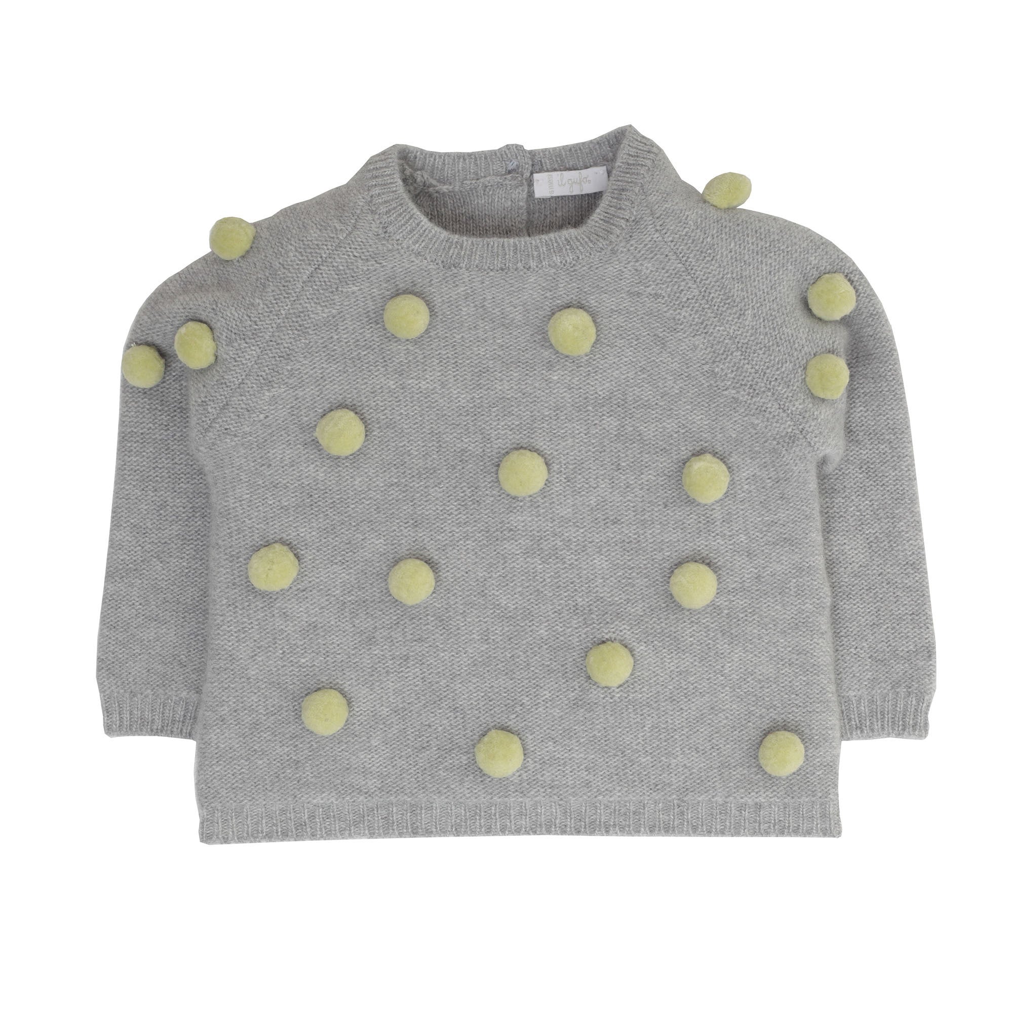 Girls Cloud Grey Wool Sweater With Apple Green Pom-pom Trims - CÉMAROSE | Children's Fashion Store - 1