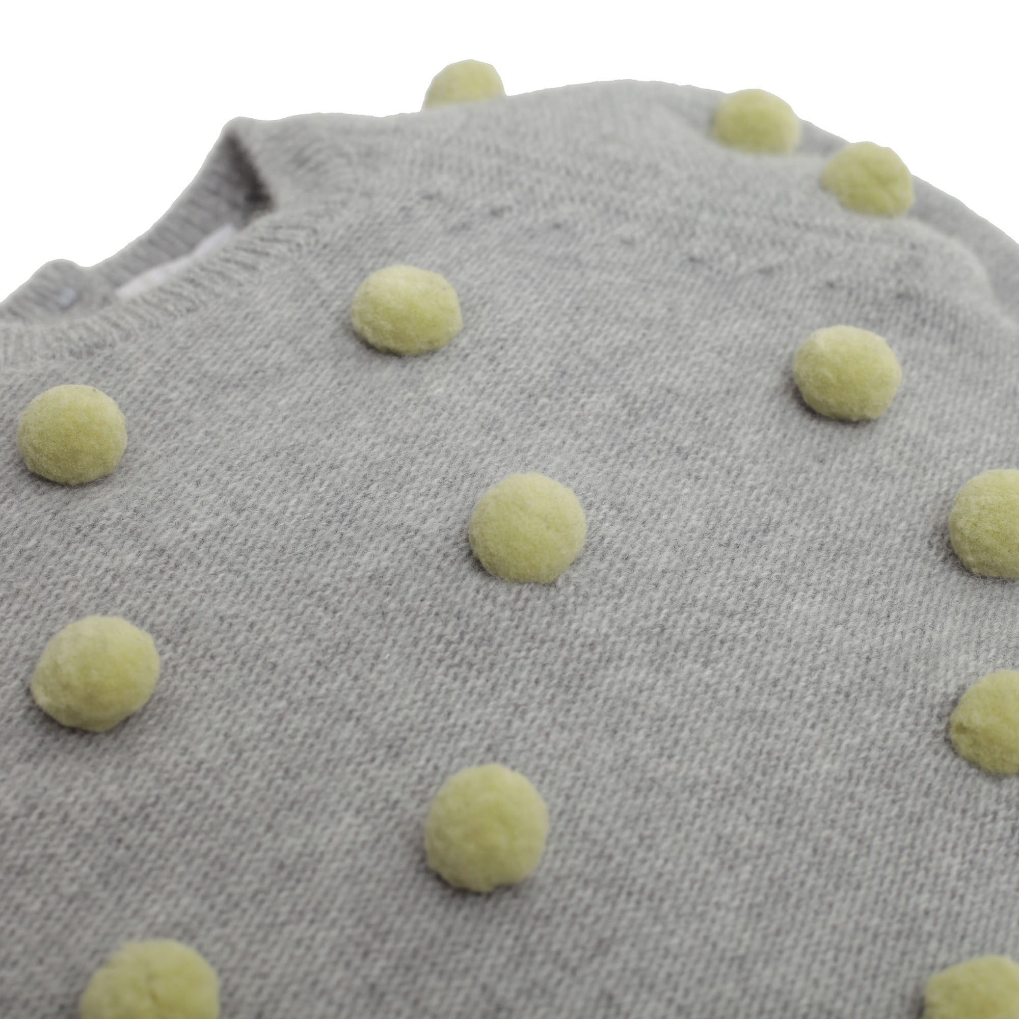 Girls Cloud Grey Wool Sweater With Apple Green Pom-pom Trims - CÉMAROSE | Children's Fashion Store - 3