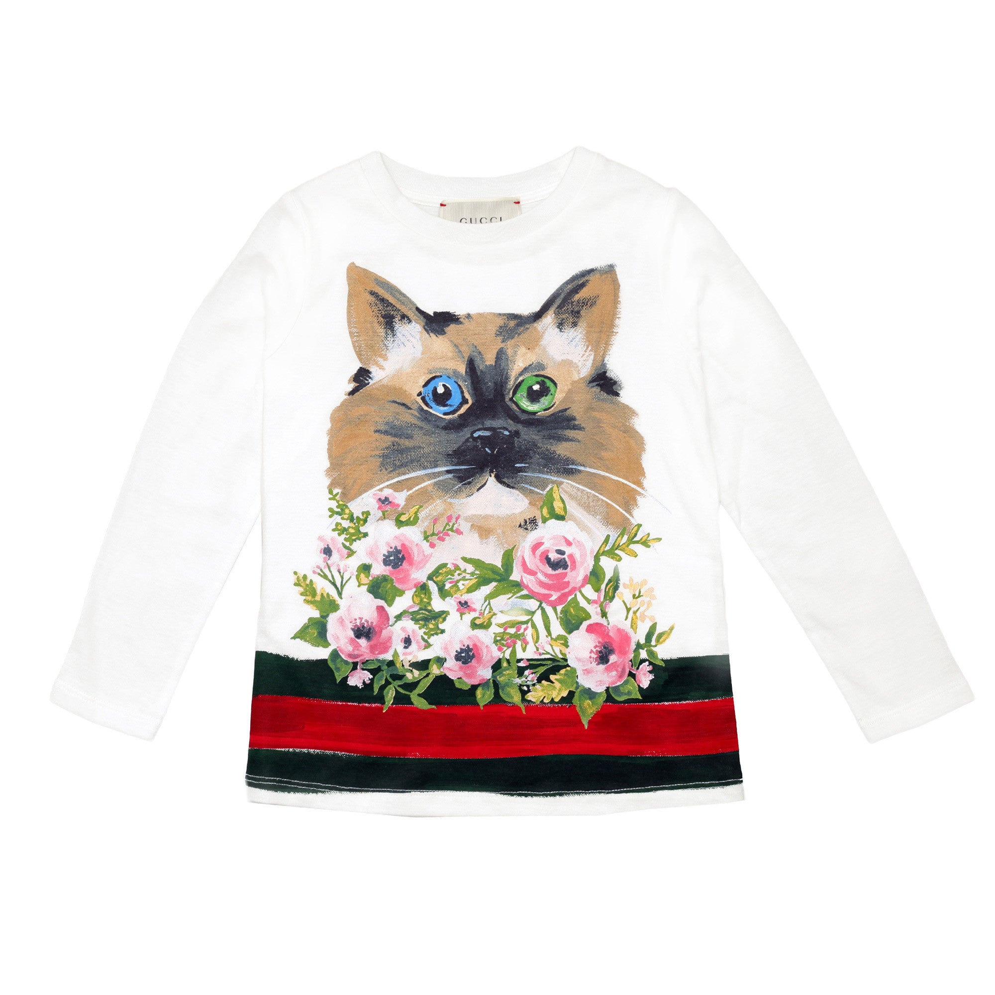 Girls White Cotton T-Shirt With Cat Flower Print - CÉMAROSE | Children's Fashion Store - 1