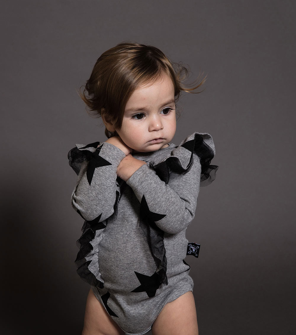 Baby Girls Grey Star Ruffled Cotton Babysuit