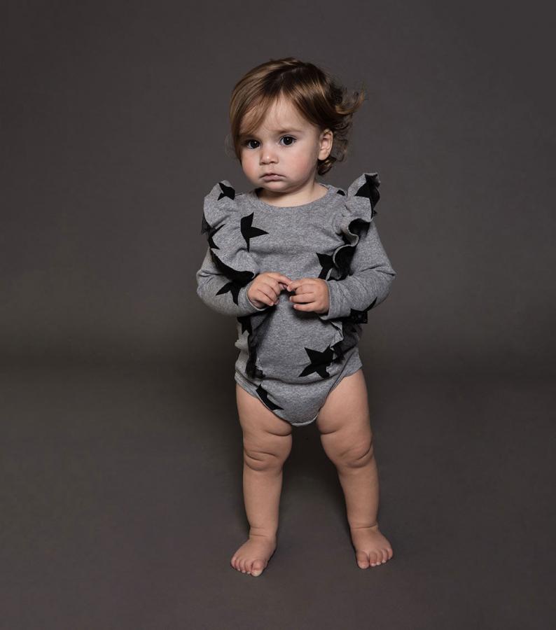 Baby Girls Grey Star Ruffled Cotton Babysuit