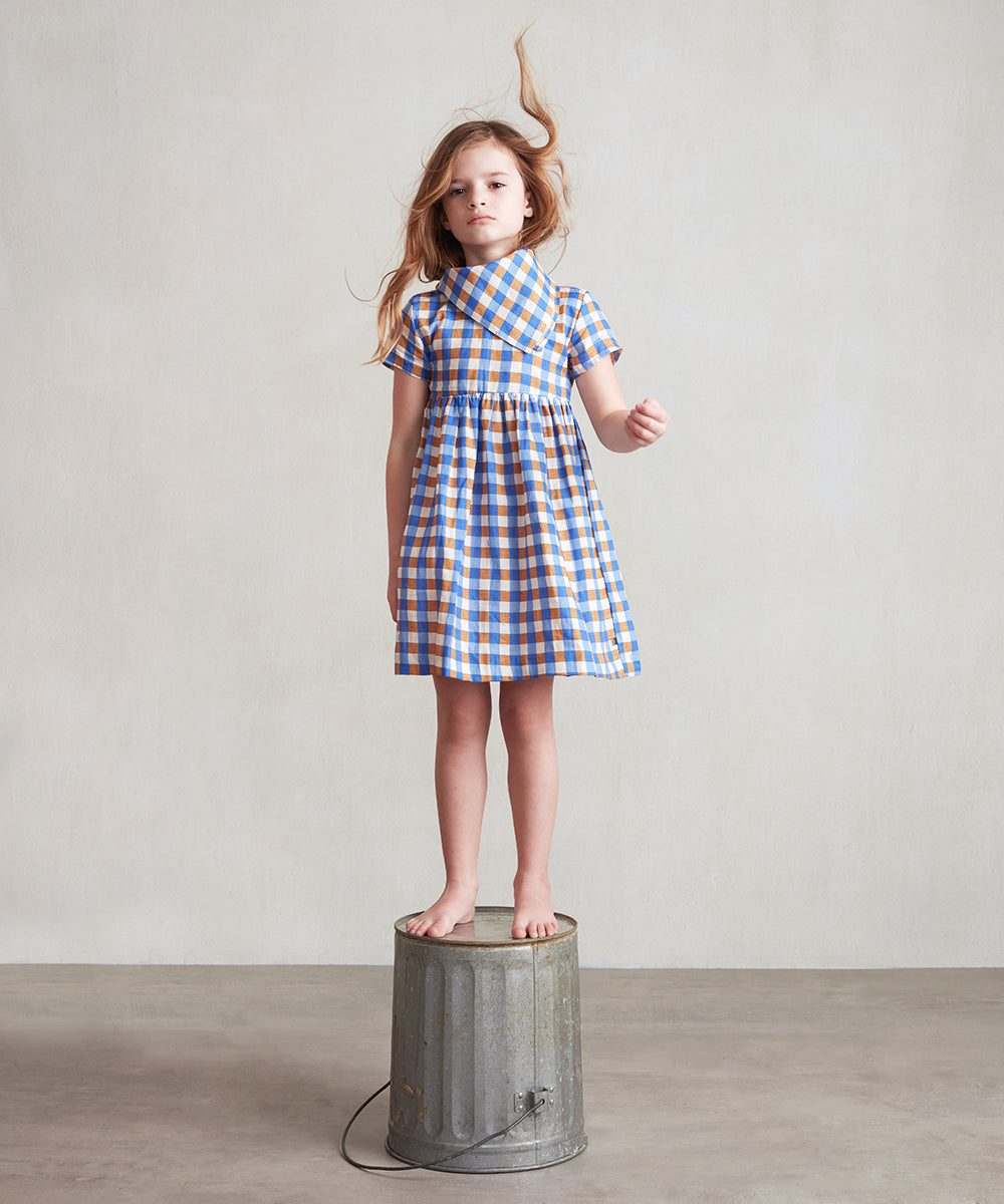 Girls Blue Check Linen Dress