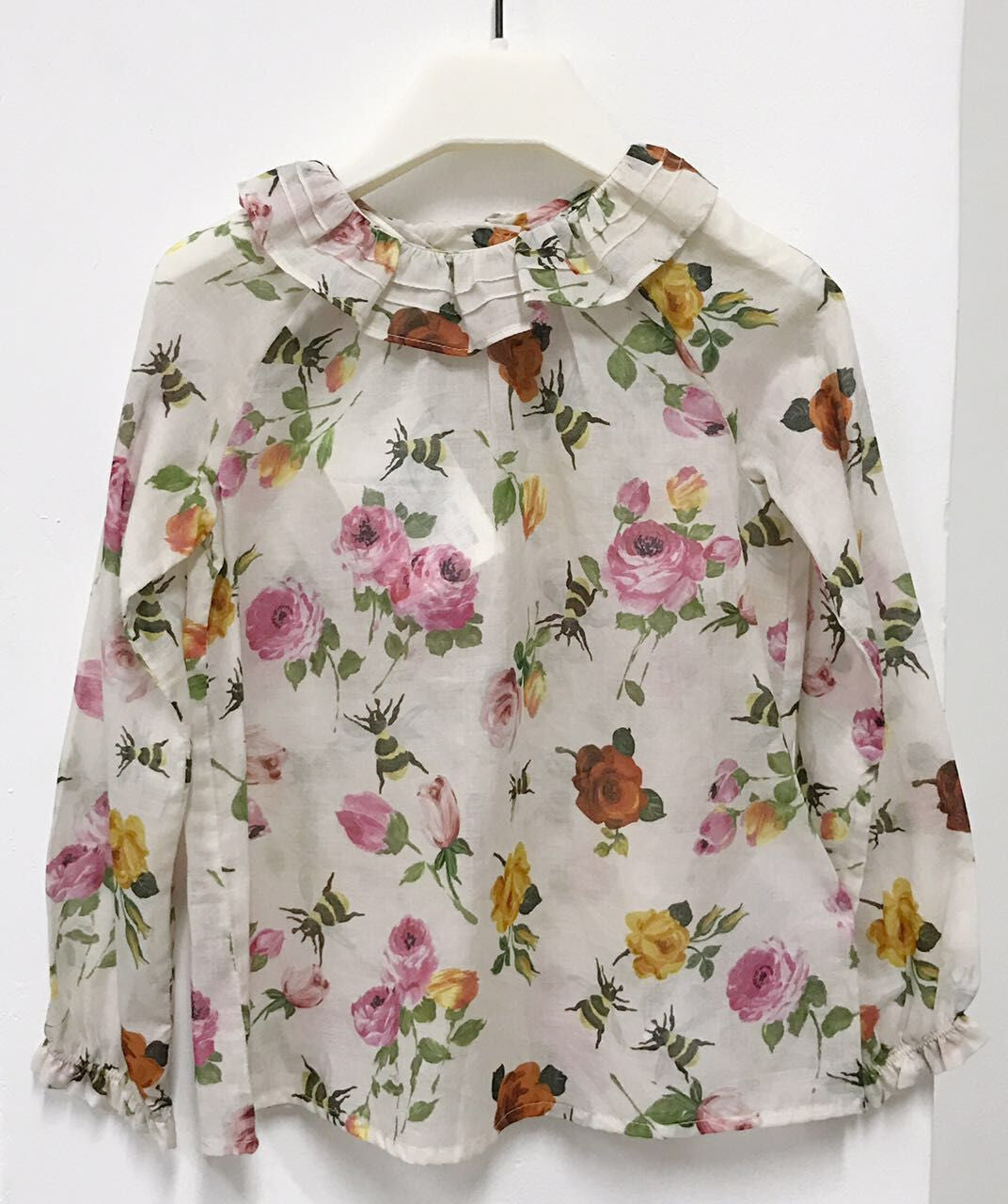 Baby Girls Ivory Ruffled Collar Blouse With Flower Print Trims - CÉMAROSE | Children's Fashion Store - 2