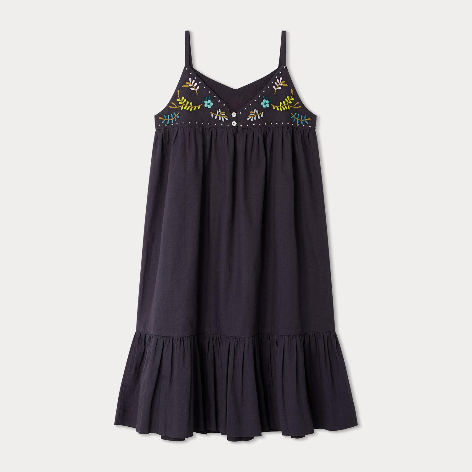 Girls Dark Grey Embroidered Cotton Dress