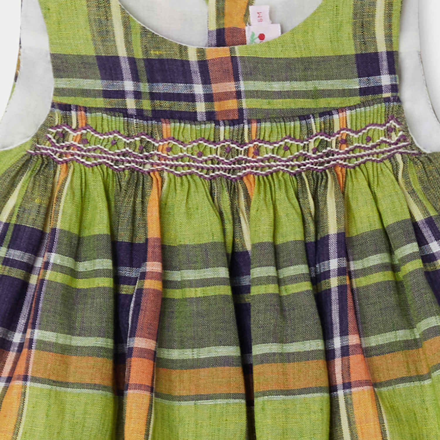 Baby Girls Green Check Linen Dress
