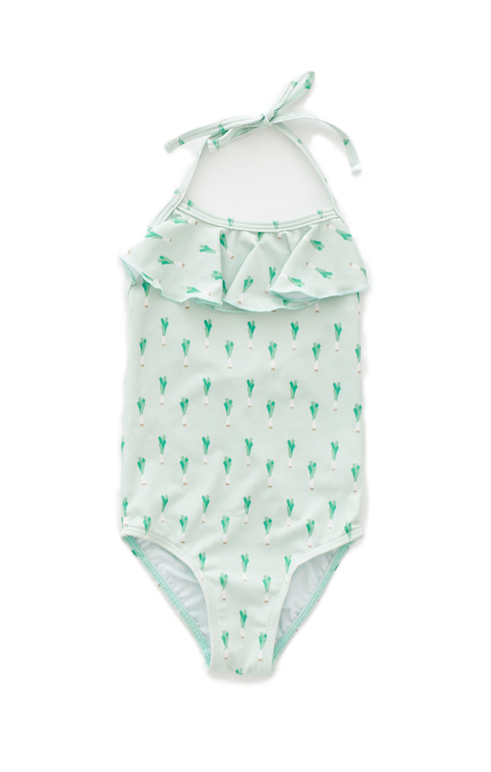 Girls Mint Green Leek Print Ruffle Halter Swimsuit