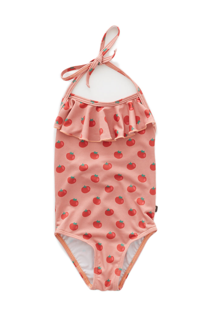 Girls Pink Tomato Ruffle Halter Swimsuit