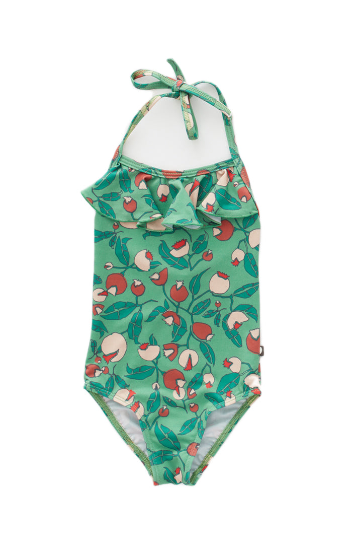 Girls Green Flowers Ruffle Halter Swimsuit